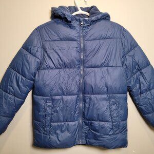 Boys Hooded Puffer Jacket w/ Fleece Lining - NAVY- Size L (10-12)